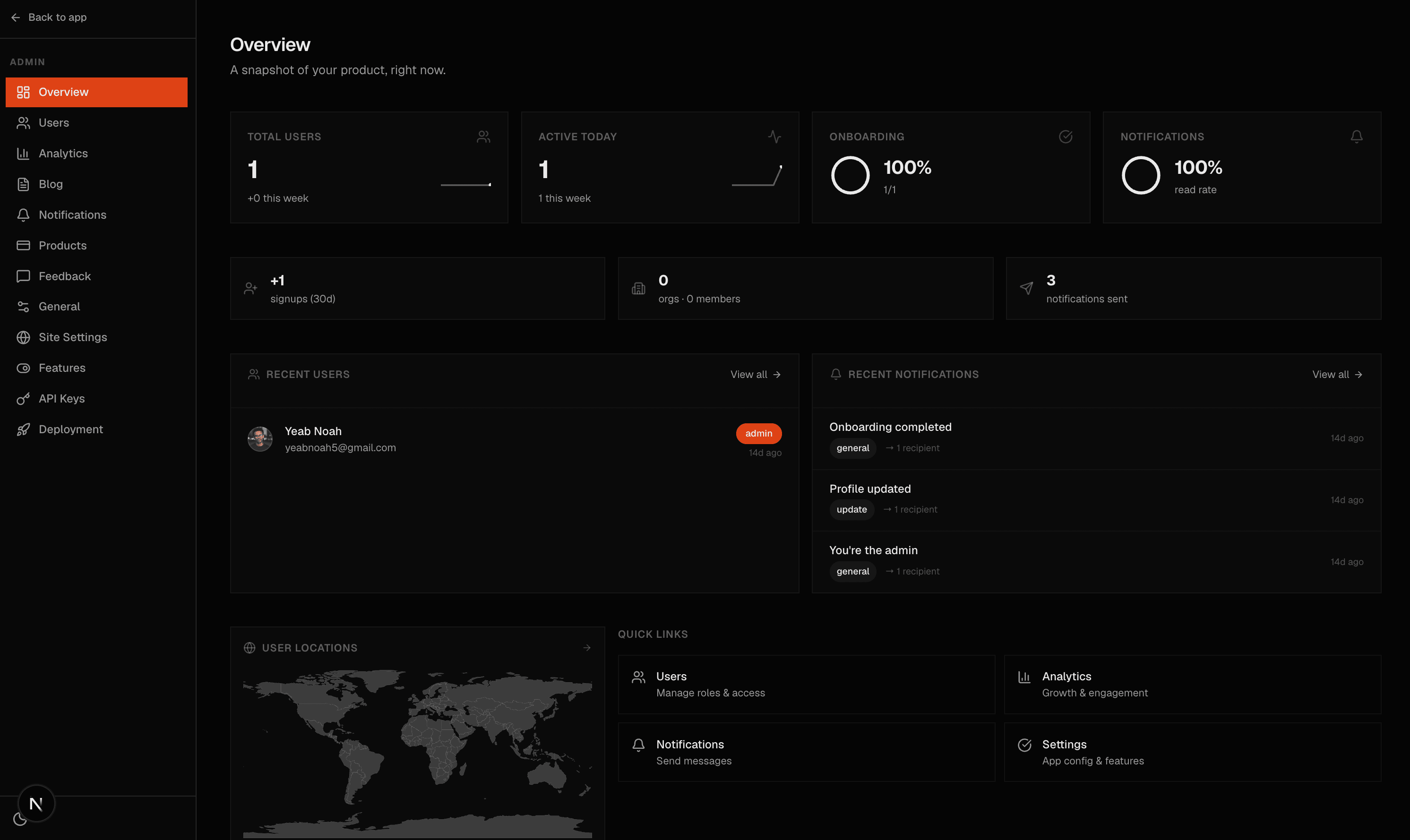 The Batman admin dashboard: an overview page with user and activity counts, onboarding and notification rates, recent users, recent notifications, a user-locations map and quick links.